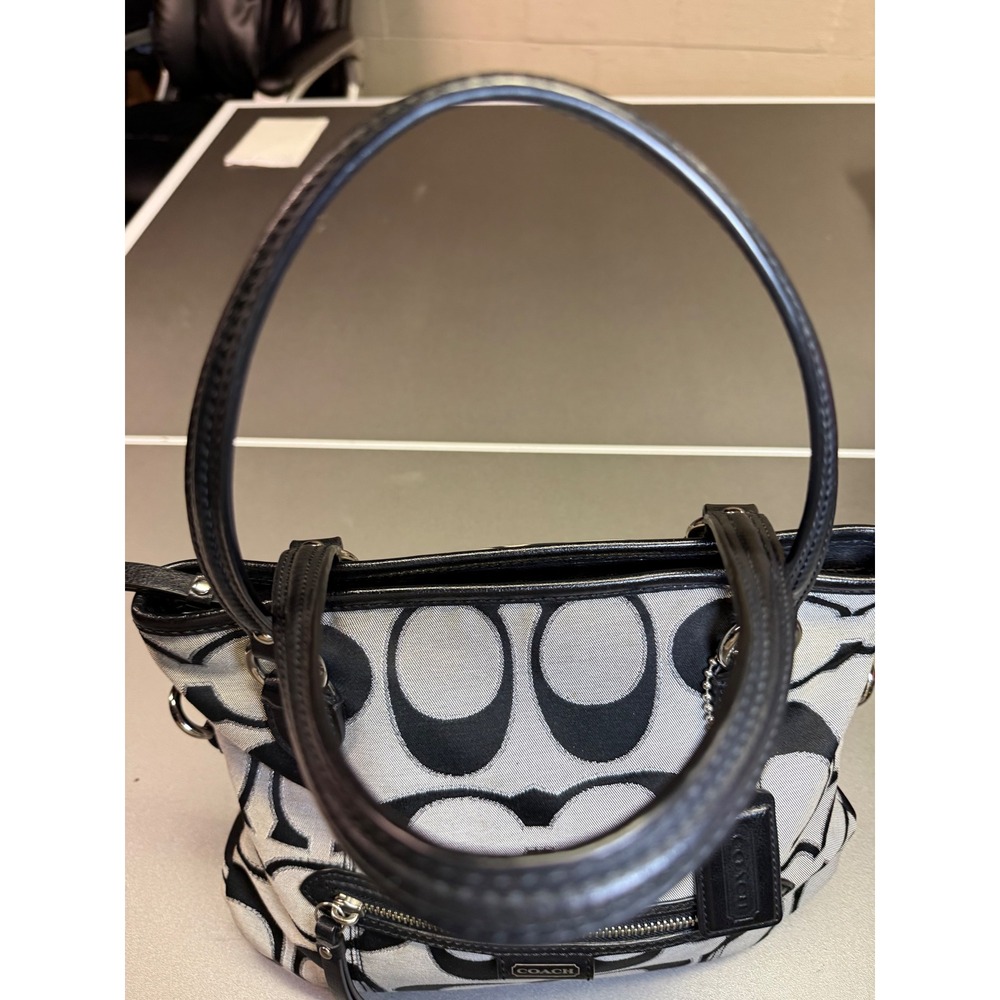 Coach Signature Jacquard Tote Bag Black Grey Monogram Leather Trim Zip Top - Picture 9 of 16